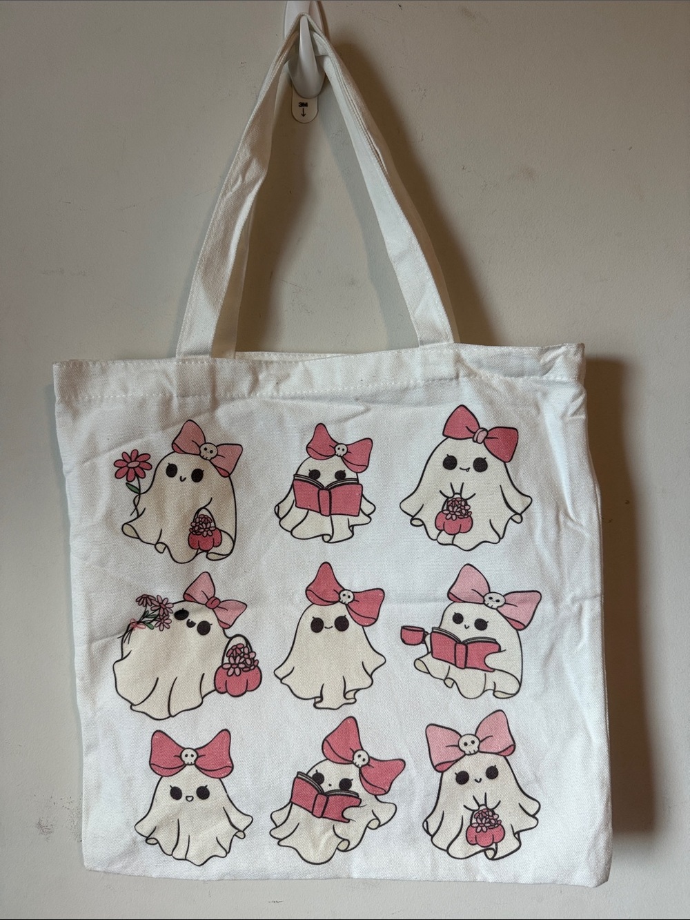 Cute Ghosts Canvas Tote Bag with Pink Bows